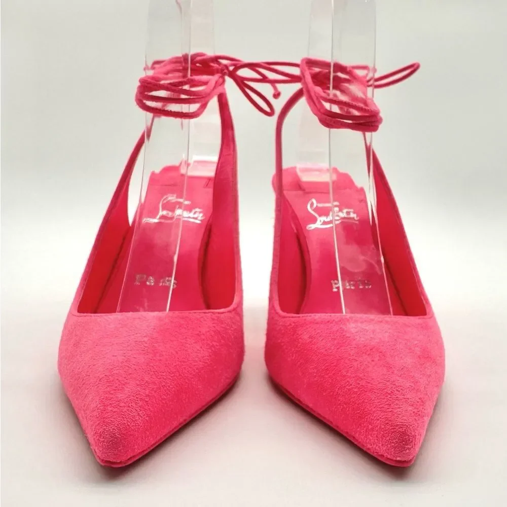 Christian Louboutin Lace Up Kate 85 Pink Suede Stiletto Pumps Heels EU 37 US 7